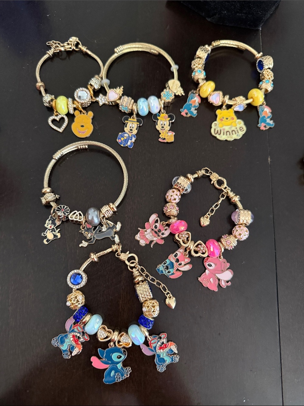 Disney Character Charm Bracelets - Blue, Pink, Yellow Accents
